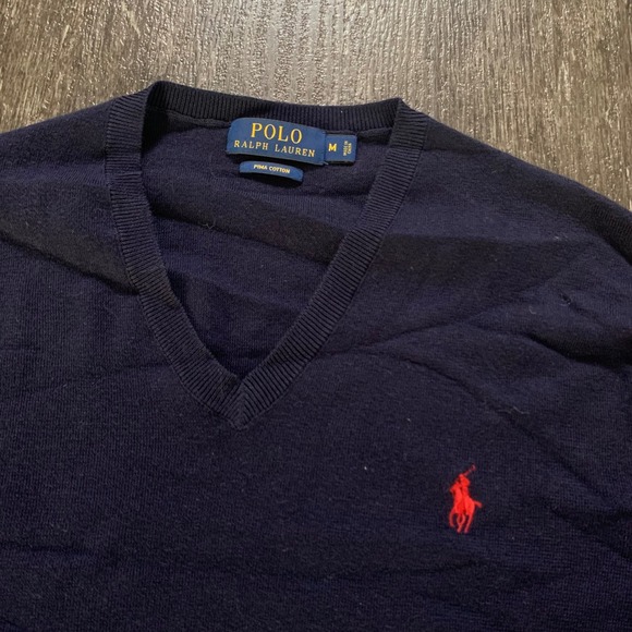 Polo Ralph Lauren Men V Neck Navy Blue Cotton Sweater Size M - Picture 2 of 3